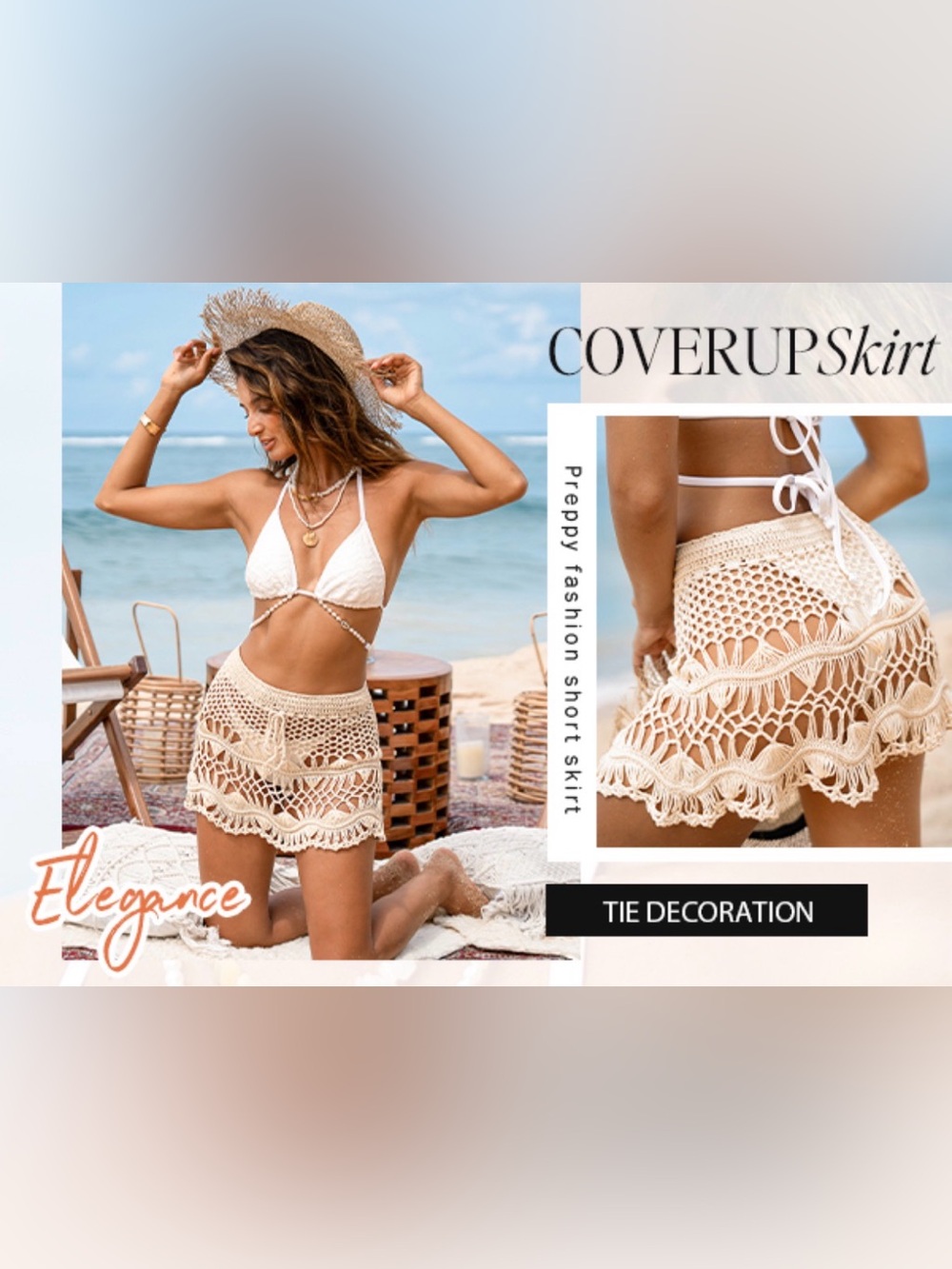 NWOT CupShe Crochet Beach Cover-Up Mini Skirt in Cream- size M